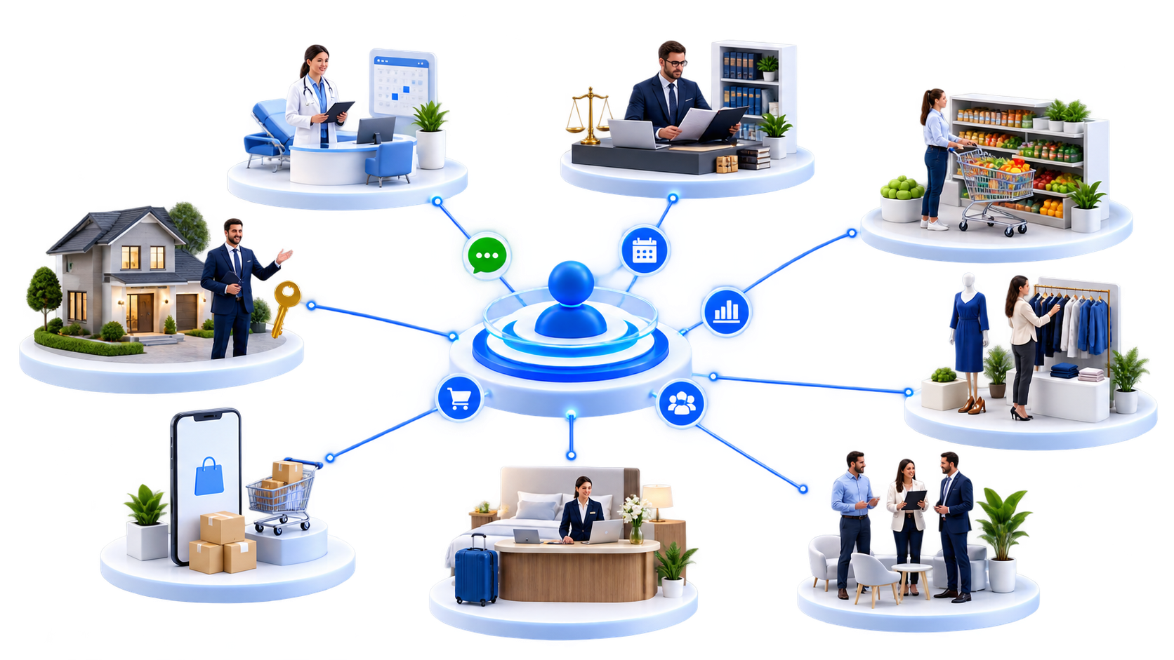Ecossistema 3D com clínicas, advocacia, supermercados, imobiliárias, moda, ecommerce, hotelaria e empresas conectadas à FlowIA