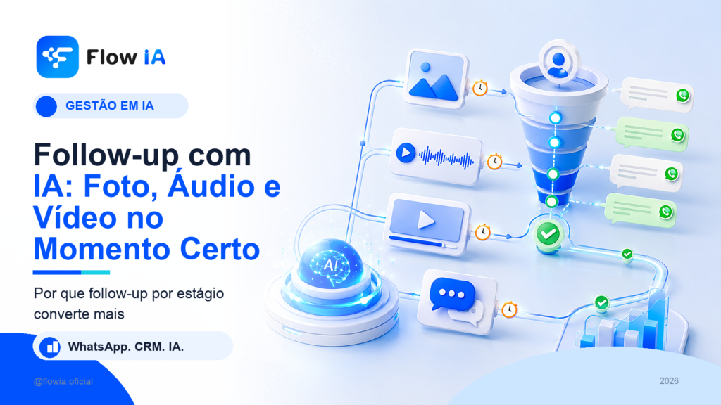 Capa FlowIA sobre follow-up com IA usando foto áudio vídeo e CRM