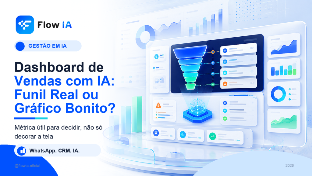Capa FlowIA sobre dashboard de vendas com IA funil e métricas comerciais